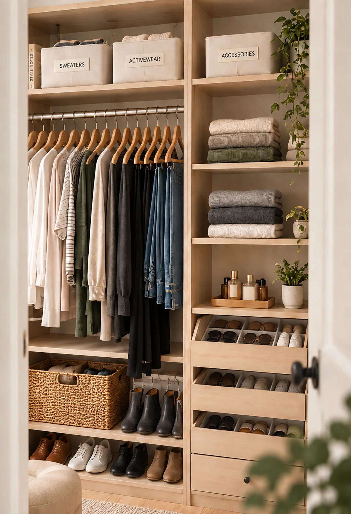 A closet with labeled bins, grouped hanging clothing, folded knitwear, and drawer organizers.
