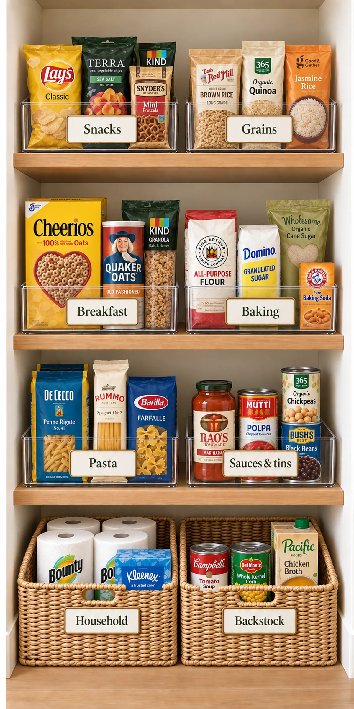 Pantry food in matching labeled clear bins, with two equally sized labeled woven baskets on the bottom shelf.